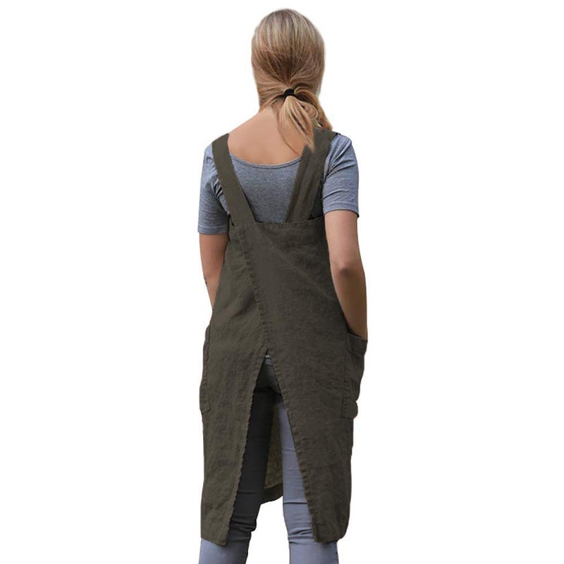 Larmliss Womenâ€™s Pinafore Square Apron Baking Cooking Gardening Works Cross Back Cotton/Linen Blend Dress with 2 Pockets Green L - Image 4